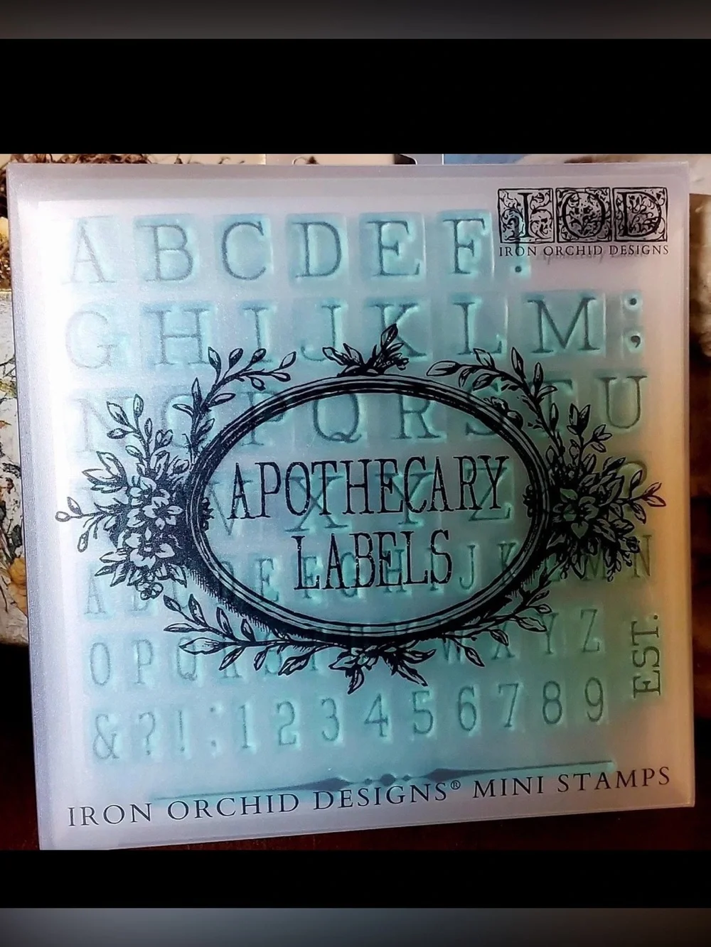 New!  IOD Apothecary Labels Clear Stamp Set -  Oval Alphabet